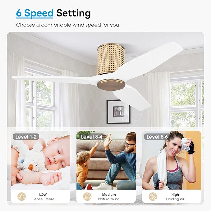 48" Ceiling Fan No Light - Low Profile Flush Mount Ceiling Fan, 6-Speed Remote Control, Solid Wood, Quiet Reversible DC Motor, White/Gold Finish, for Bedroom, Living Room, Porch - Aura Lighting