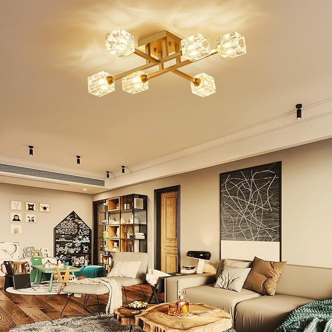 XINGQI Modern Ceiling Light Sputnik 6-Light Semi Flush Mount Ceiling Light Fixtures, Mid Century Antique Gold Chandeliers for Bedroom Dining Room Powder Room - Aura Lighting