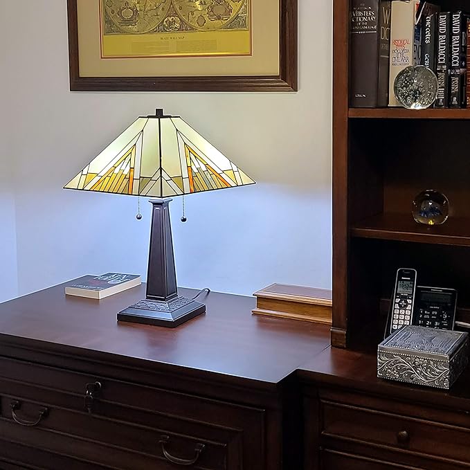 Tiffany Style Table Lamp Banker Mission 23" Tall Stained Glass Tan Brown Vintage Antique Light Décor Night Stand Living Room Bedroom Handmade Gift AM348TL14 Amora Lighting