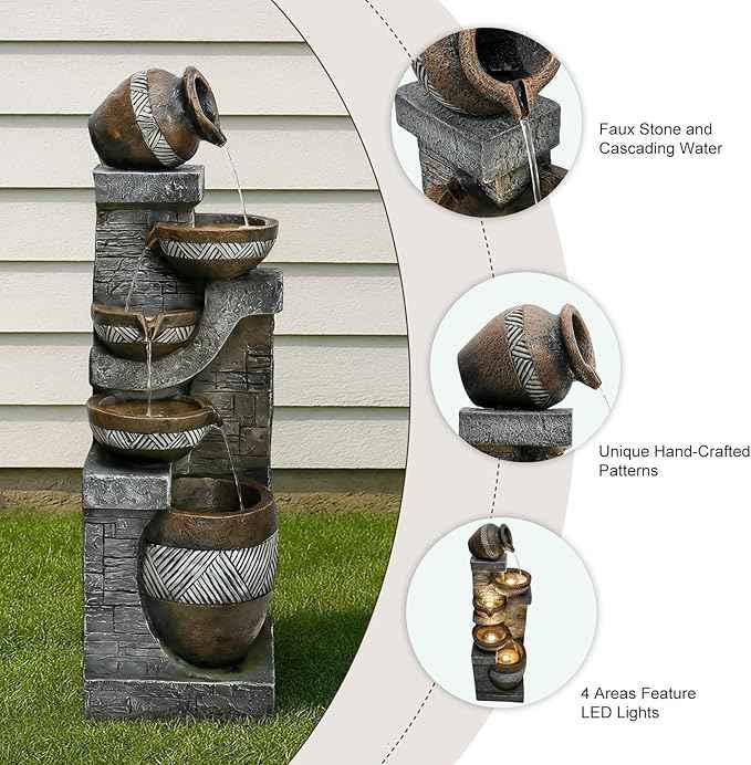 Naturefalls 42.5" Tall Outdoor Water Fountain and Waterfalls - Large Garden Fountain with LED Lights, 5-Tier Cascading, Indoor and Outdoor Fountains for Garden, Patio, Deck, Porch, Backyard and Home