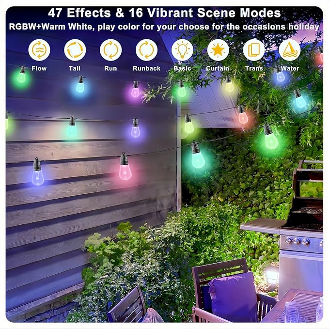 String Lights for Outside,49FT Outdoor String RGB Patio Lights with Waterproof 15 Bulbs,String Lights Patio with App & Remote, Color Changing String Light for Garden Yard Porch Party Decor