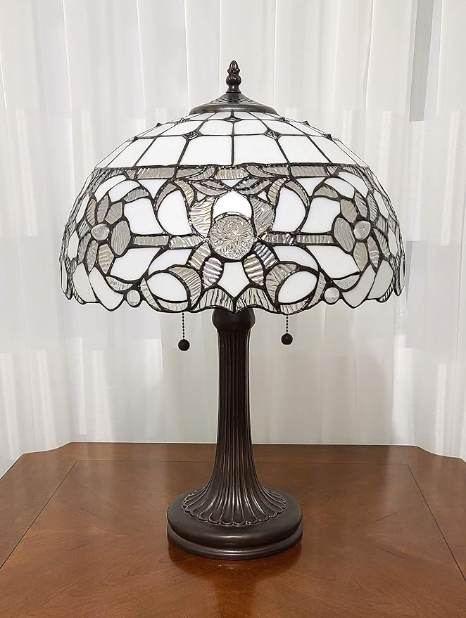 Tiffany Style Table Lamp Banker 22" Tall Stained Glass White Grey Mahogany Floral Flower Elegant Vintage Light Décor Bedside Living Room Bedroom Handmade Gift AM316TL16B Amora Lighting