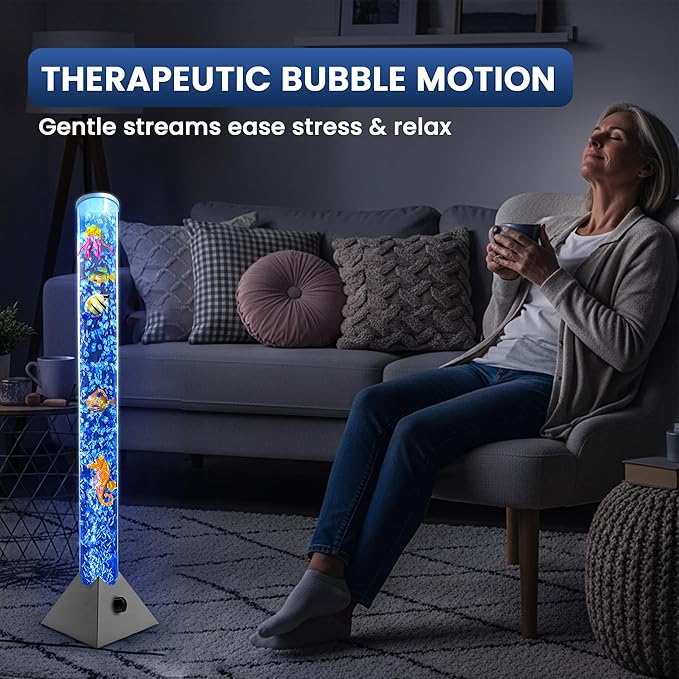 Brewish Sensory Bubble Floor Lamp with Bubble Regulator Knob | 7 Color Changing LED Mood Night Light | Artificial Fish Tank for Autism | Fake Aquarium Lamp | Gift for Kids & Adults | Silver - 3 Feet