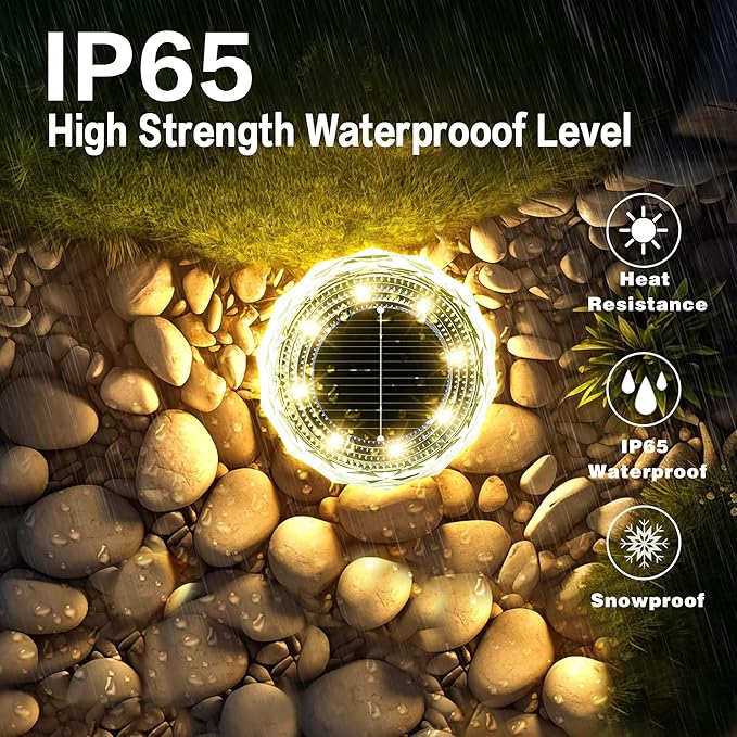 Solar Ground Lights 12 Pack Waterproof Outdoor LED Solar Garden Lights Bright Solar Powered Disc Light In-Ground Landscape Lighting for Patio Pathway Walkway Driveway, Warm White