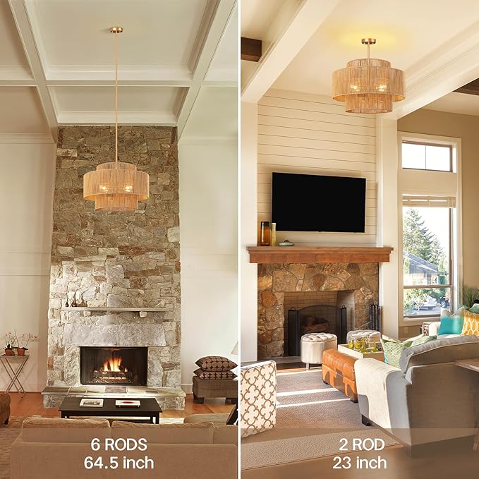 24'' Boho Rattan Chandelier, 4-Light Hand-Woven Wicker Pendant Lamp, Rustic Modern Ceiling Light Fixture for Dining Room, Kitchen Island, Living Room, Bedroom, Foyer, Entryway, Over Table - Aura Lighting