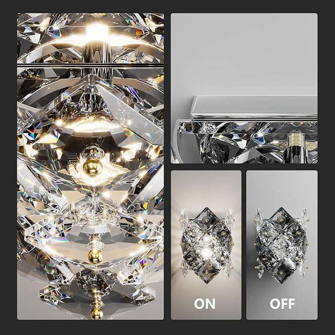 Modern Crystal Wall Sconces,Chrome Wall Light Fixtures,Luxury Indoor Wall Lamp,K9 Crystal Vanity Wall Mount Lamps,Industrial Sconce Lighting for Bathroom Living Room,Bedsides,Hallway,Bedroom - Aura Lighting