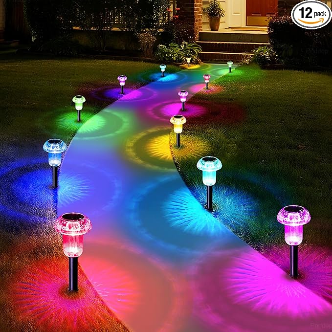 Solar Lights Outdoor Pathway Waterproof 12 Pack Color Changing LED Acrylic Mushroom Decorative Garden Lights for Yard Landscape Patio Outside Decorations