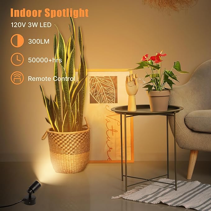2 Pack LED Spotlights Indoor, 5W Plants Uplighting with Remote Control Dimmable & Timer, Uplights Indoor Floor Spot Lights for Picture, Artwork, Accent Stick on Wall Light with 5.9 FT Plug Cord