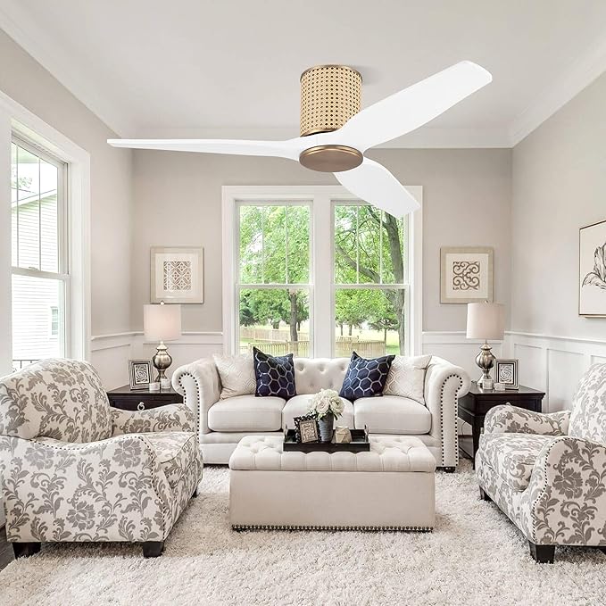 48" Ceiling Fan No Light - Low Profile Flush Mount Ceiling Fan, 6-Speed Remote Control, Solid Wood, Quiet Reversible DC Motor, White/Gold Finish, for Bedroom, Living Room, Porch - Aura Lighting