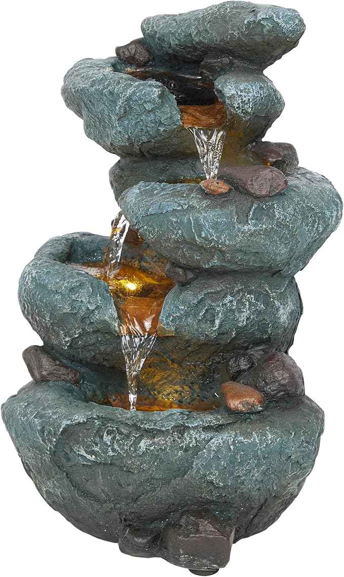 Alpine Corporation TZL418 14" 3 Tier Rock Fountain with LED Lights, Elegant Cascading Water Feature for Tabletop, Indoor Decor, Relaxing Stone Waterfall for Home & Office, Gray