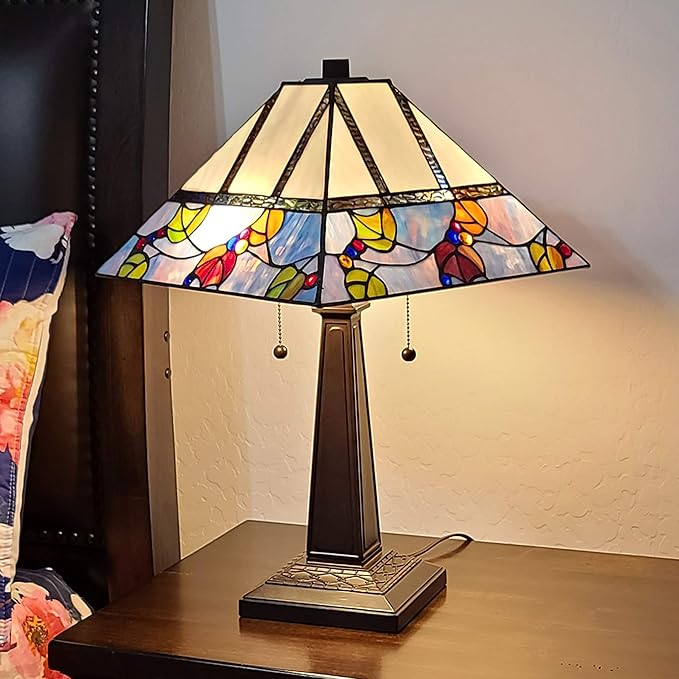Tiffany Style Table Lamp Banker Mission 22" Tall Stained Glass Tan Blue Red Orange Green Vintage Antique Light Décor Night Stand Living Room Bedroom Handmade Gift AM300TL14B Amora Lighting, Multicolor