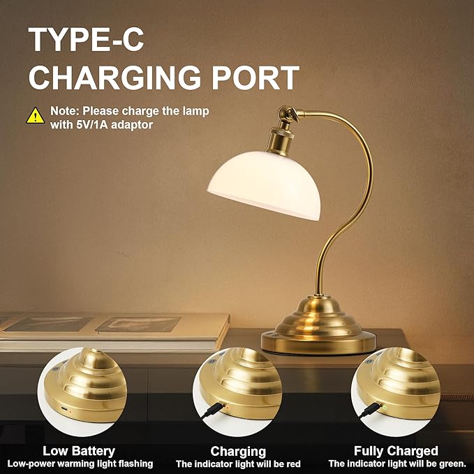 Cordless LED Table Lamp, 180° Swing Arm Desk Lamp, Battery Operated,Dimmable/3 Color, Vintage Rechargeable Table Light for Living Room,Bedroom,Bedside, White Shade, Brass - Aura Lighting