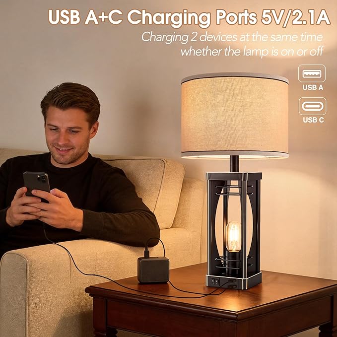 SRJJA Farmhouse Table Lamps Set of 2 for Living Room, Rustic Industrial Bedside Lamps with USB A+C Charging Ports, 22.5" Dual Light Nightstand Lamp with Linen Shade for Bedroom End Tables