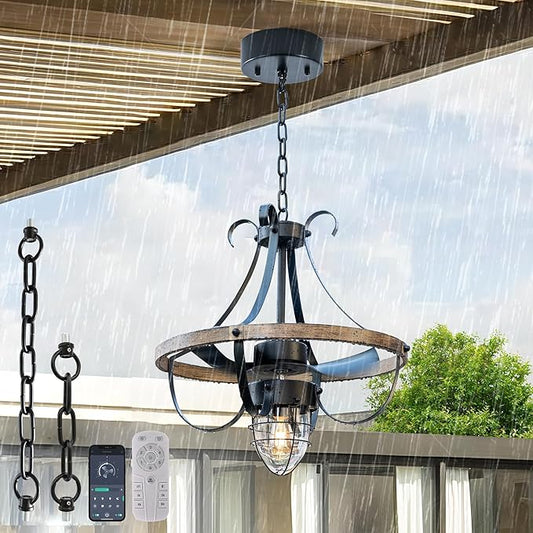 Garwarm Waterproof Outdoor Ceiling Fan with Lights and Remote,IP44 Black Outdoor/Indoor Ceiling Fans for Patios 6-Speed DC Motor, Farmhouse Gazebo Fan for Porch Pavilion