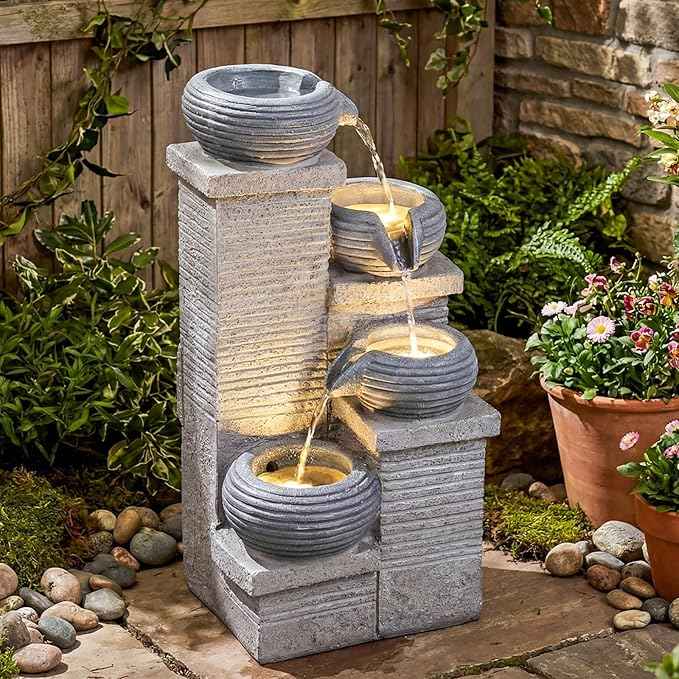 Giantex 4-Tier Water Fountain Outdoor, 23 Inch Cascading Bowls Waterfall Fountain with Warm LED Lights & Pump, Outside Zen Water Feature for Patio, Balcony, Deck, Garden, Yard Decor