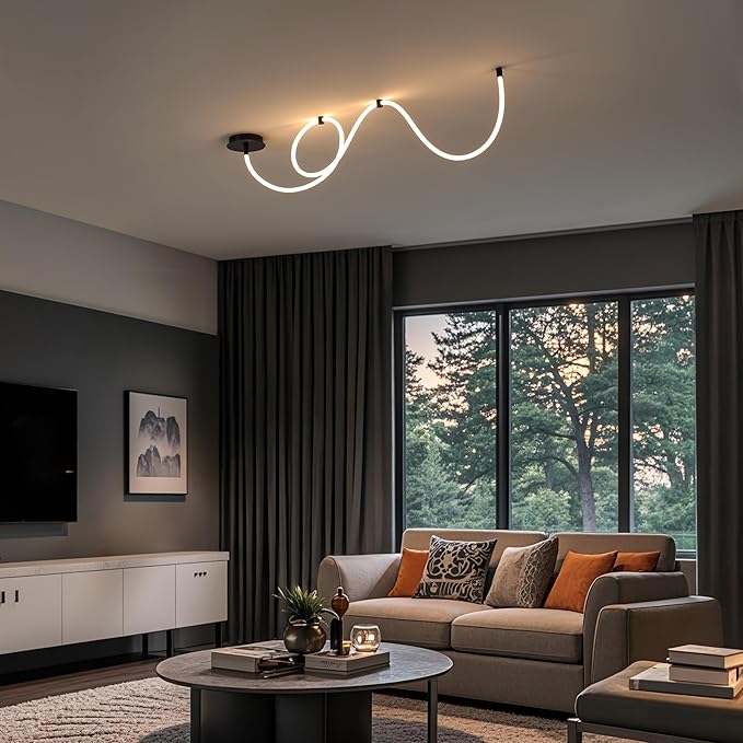 JONATHAN Y 55" Black Modern Minimalist Linear LED Flush Mount Light, 360° Adjustable Silicone Neon Rope, Dimmable Lamp for Bedroom, Living Room, Home Office (JYL7141B)