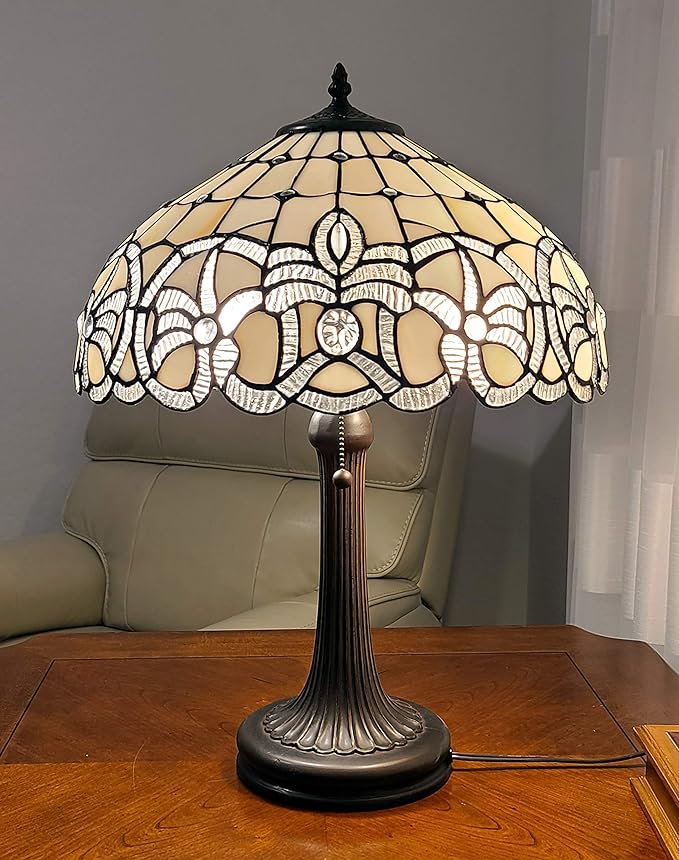 Tiffany Style Table Lamp Banker 24" Tall Stained Glass White Grey Jeweled Beads Vintage Antique Light Décor Living Room Bedroom Handmade Gift AM293TL16B Amora Lighting