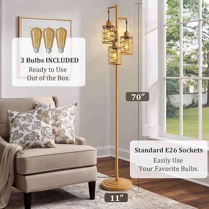 BOBOMOMO 70" Farmhouse Dimmable Floor Lamp, Light Wood Grain Industrial Metal Cage Standing Lamp with 3 LED Bulbs, Stepless Dimming Tall Tree Lamp for Living Room, Bedroom, Studio, Corner