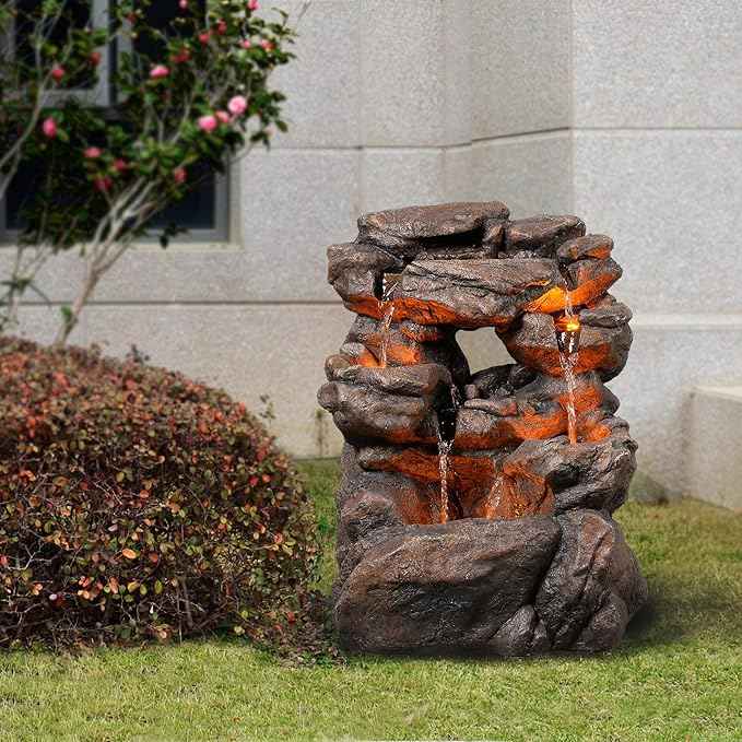 Outdoor Waterfall Fountain 20.5" Tiered with LED Lights, Natural Rock Design, Weatherproof Resin – Waterfall Fountain for Garden, Patio, Yard 24393