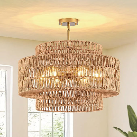 23.6" Rattan Ceiling Light Fixture, 6-Light Semi Flush Mount Boho Ceiling Light, Wicker Light Fixture with 3-Tier Hand-Woven Drum Shade, Farmhouse Rattan Chandelier for Dining Room Living Room Bedroom