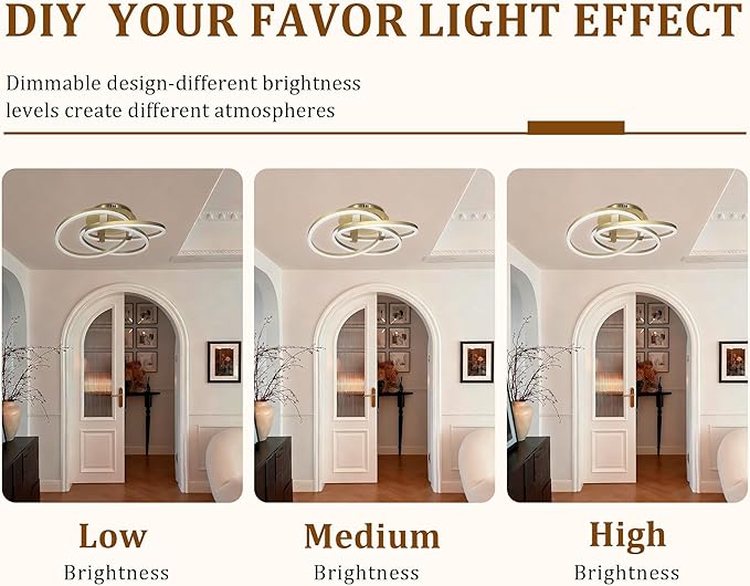 Maxax 23.5" Gold Led Ceiling Light Fixture, Modern 3 Rings Flush Mount Chandelier, Close to Ceiling Lamp for Bedroom Living Room Dining Room Kitchen, ETL Listed