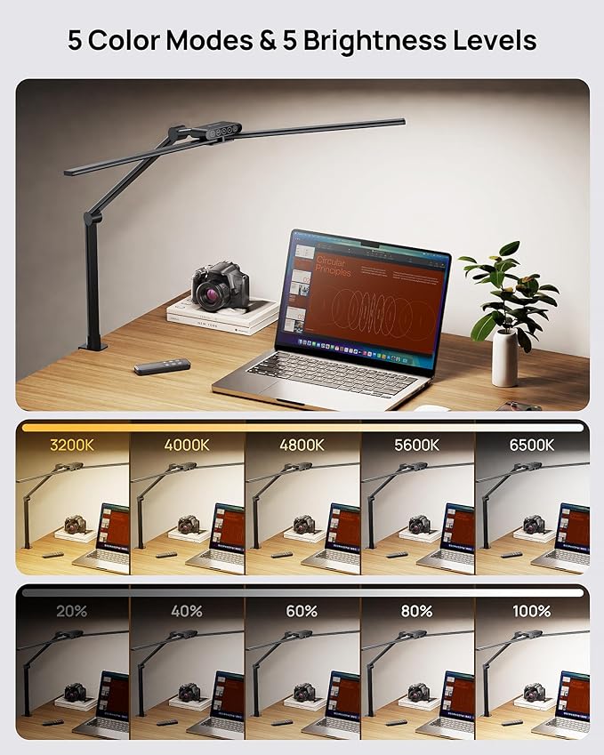 TROND LED Desk Lamp with Clamp, 29.55'' Tall Desk Light with Remote, 1500LM Bright Table Lamp, Swing Arm Clip on Light, Eye-Caring, Touch Control Dimmable for Home Office Monitor Reading Study Task - Aura Lighting