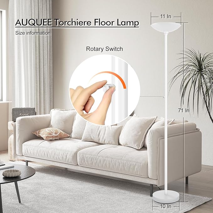 30W Torchiere Floor Lamp - 3600LM Super Bright LED Floor Lamp, 71 Inch Stepless Dimmable Standing Lamp with 3000K Lighting, Rotary Switch, Tall Metal Torch Floor lamps for Living Room/Bedroom (White) - Aura Lighting