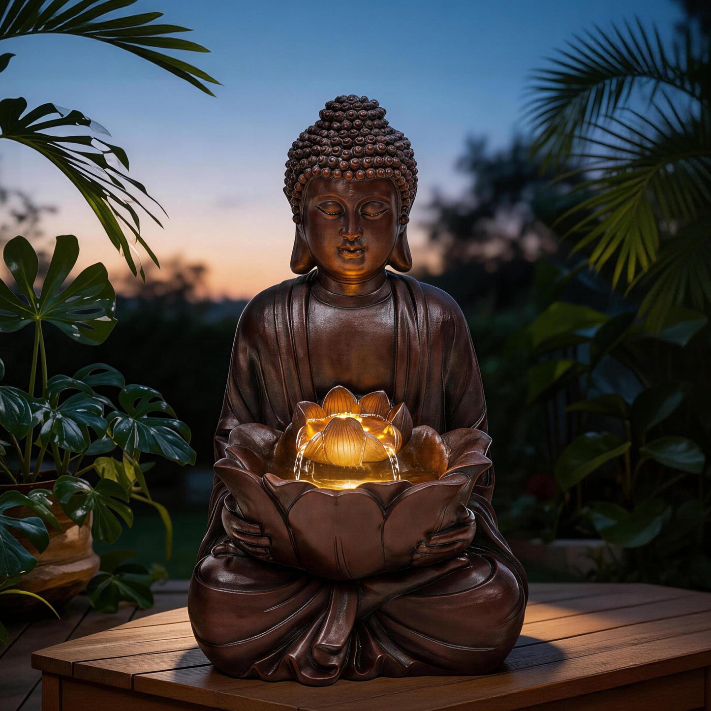 AUTODAYA 18.9" H Buddha Statue Outdoor Water Fountain with Warm LED Lights