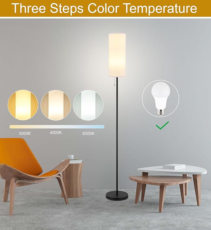 Floor Lamp for Living Room, Modern Standing Lamps with Lampshade, Minimalist Tall Lamp with Chain Switch for Living Room, Bedroom, Kids Room, Office,Standing Lamp LED Bulb Included (White Shade) - Aura Lighting