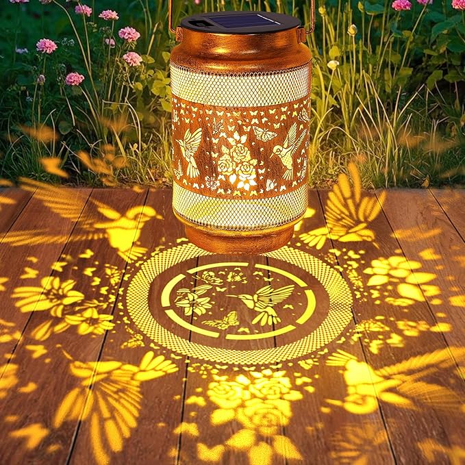 2 Pack Hummingbird Solar Lanterns Outdoor Waterproof Solar Garden Decor, Birthday Gifts for Christmas Women Mom Grandma, Metal Hanging Lights with Shepherd Hook for Yard Patio Pathway Backyard Porch - Aura Lighting