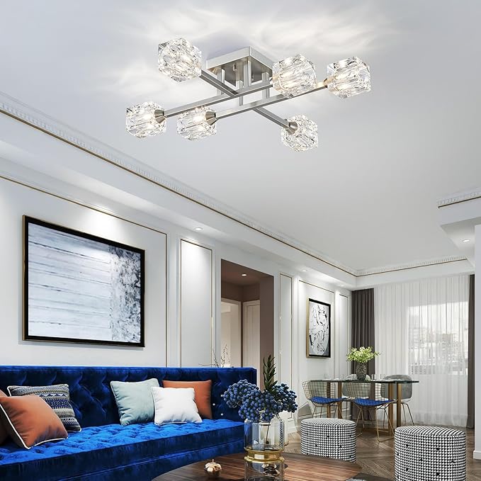 XINGQI Sputnik Light Fixture 6-Lights Semi Flush Mount Ceiling Light, Modern Silver Glass Chandelier Brushed Nickel Lighting for Dining Room Living Room Kitchen Bedroom Entryway - Aura Lighting