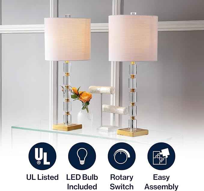 JONATHAN Y 28.5" Clear and Brass Gold Crystal Table Lamp Set of 2, Modern Glam Geometric Bedside Lamps for Living Room, White Linen Drum Shade, UL Listed, LED Bulbs Included JYL5001A-SET2