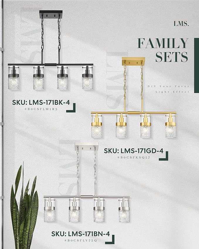 LMS 4-Light Brushed Nickel Island Chandelier Lights for Kitchen, Mid Century Pendant Light with Hammered Glass Shade, Farmhouse Dining Room Light Fixture, Kitchen Island, LMS-171BN-4 - Aura Lighting