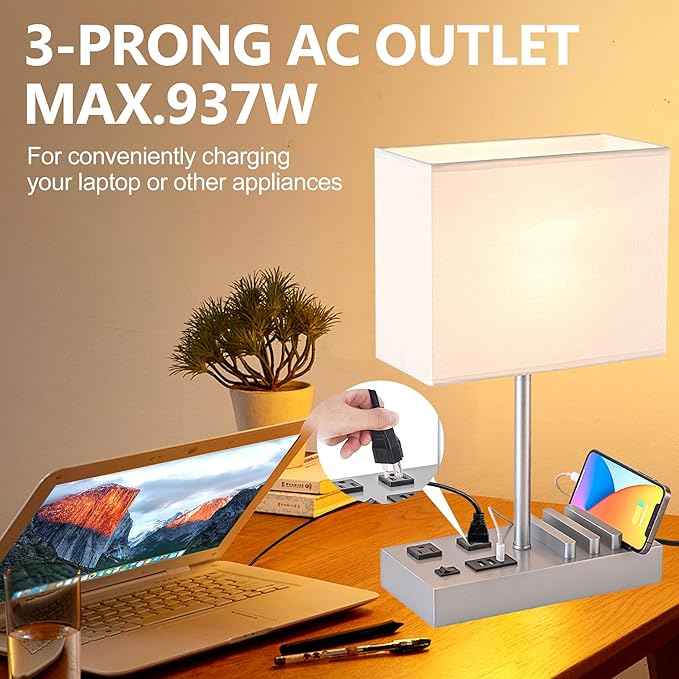 Dreamholder Bedside Table Lamp with 3 USB Charging Ports, 2 AC Outlets and 3 Phone Stands, Modern USB Desk Lamp with Silver Wooden Base