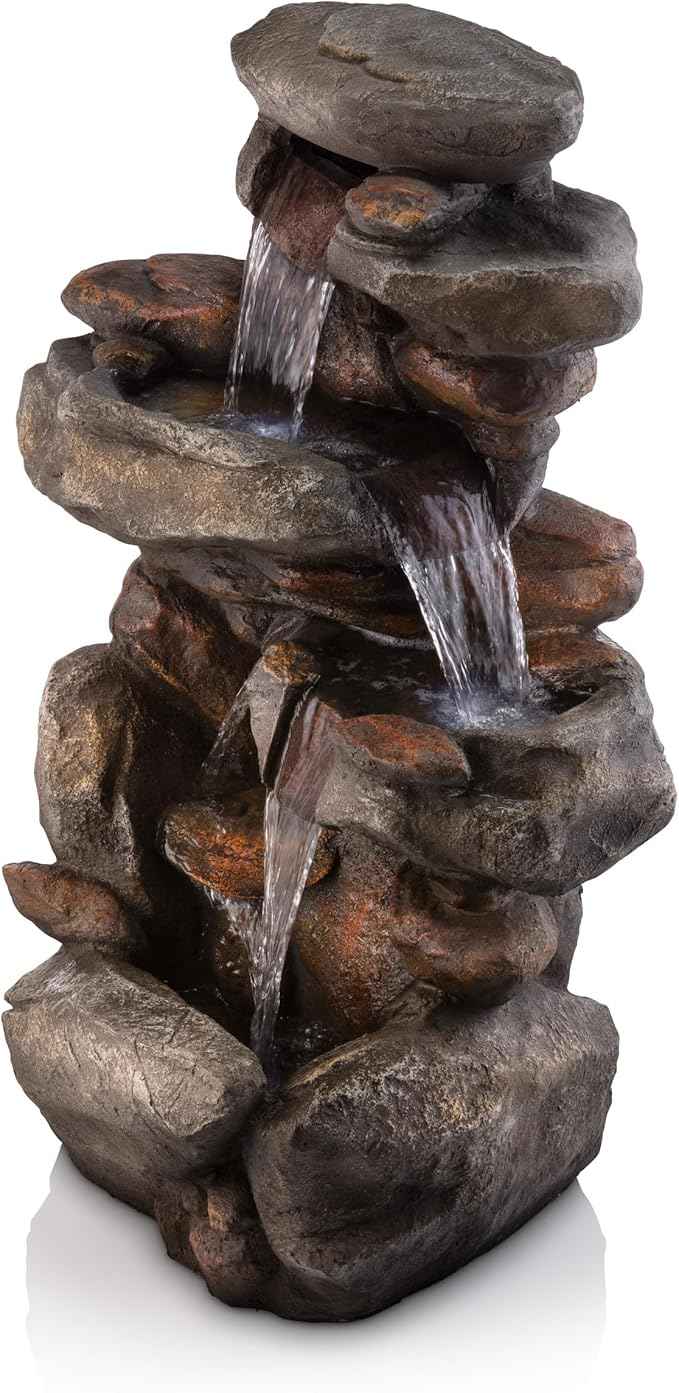Alpine Corporation | 40" 4-Tier Rock Floor Fountain with Cascading Water & White LED Lights, Tranquil Outdoor Water Feature for Garden, Patio, Yard & Deck, Light Gray