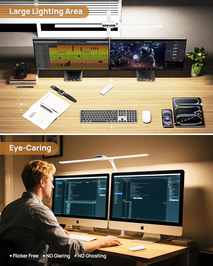 TROND LED Desk Lamp with Clamp, 29.55'' Tall Desk Light with Remote, 1500LM Bright Table Lamp, Swing Arm Clip on Light, Eye-Caring, Touch Control Dimmable for Home Office Monitor Reading Study Task - Aura Lighting