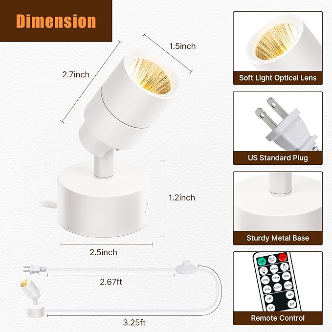 2 Pack LED Spot Lights Indoor, 5W Uplighting with Remote Control Dimmable & Timer, Uplights Indoor Floor Spotlights with 3 CCT, Accent Lighting Stick on Wall Light for Plants Picture Artwork, White