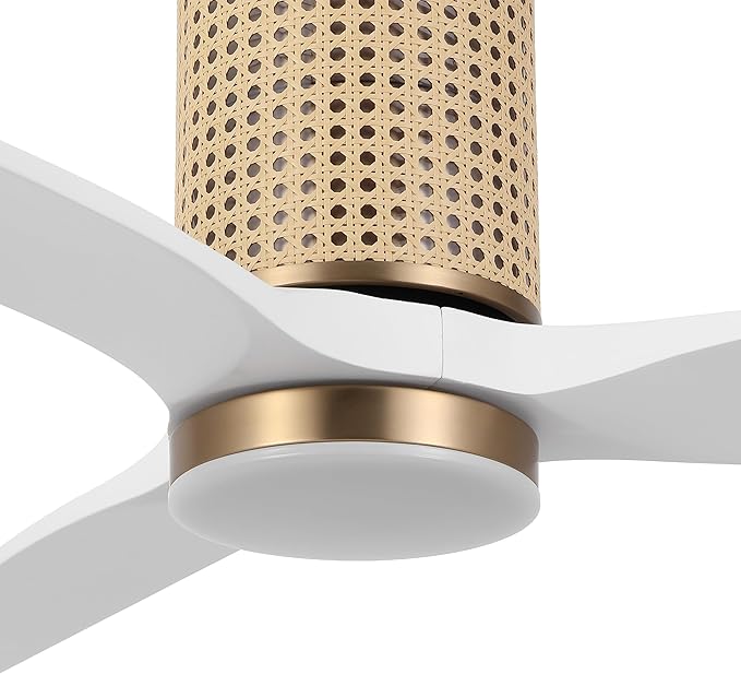 52" Ceiling Fan with Light - Low Profile Flush Mount Ceiling Fan, 6-Speed Remote Control, Solid Wood, Quiet Reversible DC Motor, White/Gold Finish, for Bedroom, Living Room, Porch - Aura Lighting
