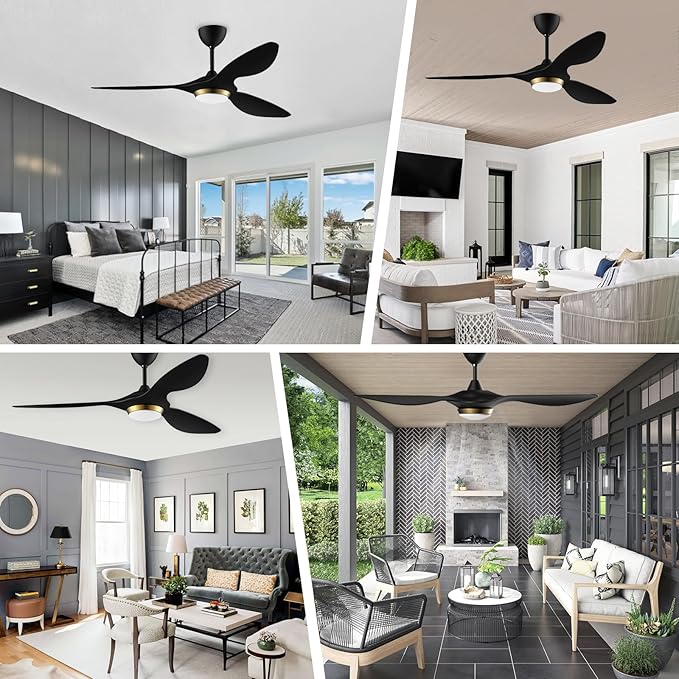 reiga 52 Inch Black Modern Ceiling Fans with Lights and Remote Control, Smart WiFi 3 Blades Quiet DC Motor for Living Room Bedroom Patio Garage, ETL Listed - Aura Lighting