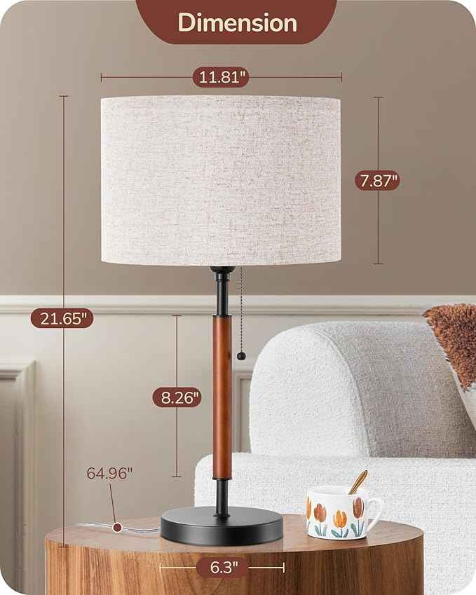 EDISHINE Mid Century Table Lamp, Pull Chain Switch Bedside Lamp with Linen Shade, Solid Wood Pole & Black Metal Base, Modern Nightstand Lamp for Bedroom, Living Room, Office, E26 Base