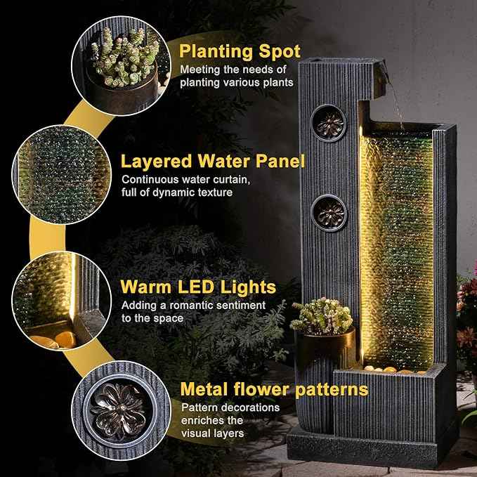 37" H Modern Indoor Water Fountains - Rectangular Outdoor Waterfall Fountain with LED Lights and Pump and Sculpted Flowers for Office, Living Room, Bedroom, Garden and Home Art Decor