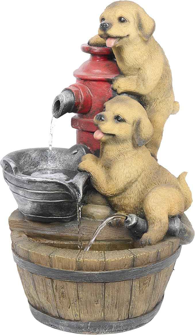 Alpine Corporation GXT986 26" Tall Outdoor Barrel Fountain with Playful Puppies, Cascading Garden Water Feature for Patio, Lawn, or Yard Decor, Brown