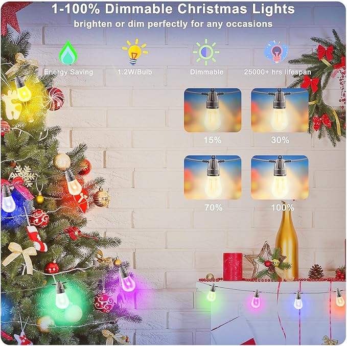 String Lights for Outside,49FT Outdoor String RGB Patio Lights with Waterproof 15 Bulbs,String Lights Patio with App & Remote, Color Changing String Light for Garden Yard Porch Party Decor