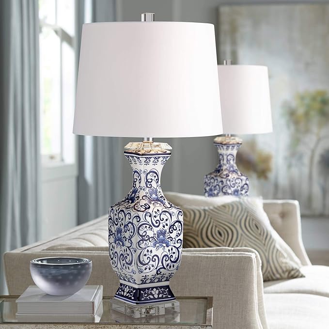 Barnes and Ivy Iris Asian Chinese Jar Style Table Lamps 28" Tall Set of 2 Blue Porcelain Crystal Geneva White Fabric Drum Shade Decor for Living Room Bedroom House Bedside Nightstand Home