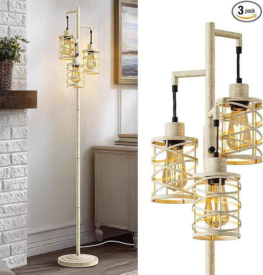 BOBOMOMO 70" Farmhouse Dimmable Floor Lamp, Weathered White Rustic Industrial Metal Cage Standing Lamp with 3 LED Bulbs, Stepless Dimming Tall Tree Lamp for Living Room, Bedroom, Entryway, Corner