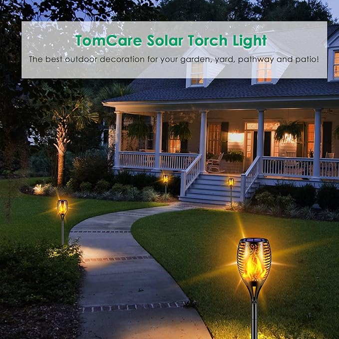 TomCare Solar Lights Outdoor 99 LED Higher & Larger Flickering Flame Solar Torch Lights 43" Decorative Waterproof Solar Powered Pathway Landscape Lighting for Garden Patio Yard, 2Pack (Black)