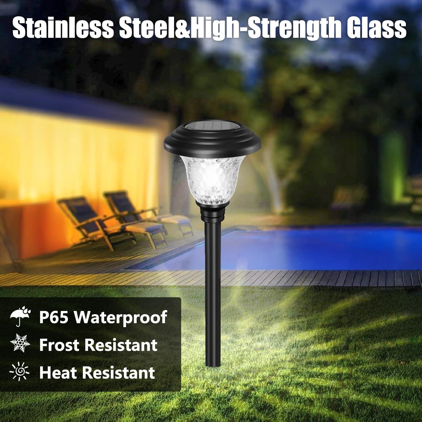 8 Pack Solar Pathway Lights Outdoor Solar Powered Light Waterproof Glass High Lumen for Garden Landscape Path Yard Walkway Patio Driveway Outside White Color Changing Black (8 Count)