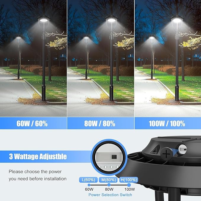 100W LED Post Top Light with Photocell, 100W 80W 60W Adjustable 15000Lm 5000K Outdoor Pole Lights, IP65 Waterproof Post Light Fixtures for Garden Yard Pathway Lighting ETL DLC Listed AC100-277V - Aura Lighting