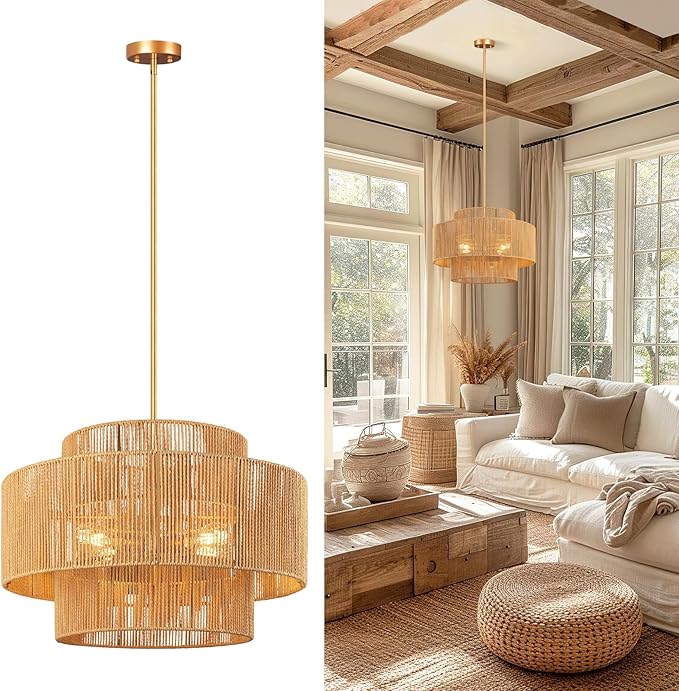 24'' Boho Rattan Chandelier, 4-Light Hand-Woven Wicker Pendant Lamp, Rustic Modern Ceiling Light Fixture for Dining Room, Kitchen Island, Living Room, Bedroom, Foyer, Entryway, Over Table - Aura Lighting