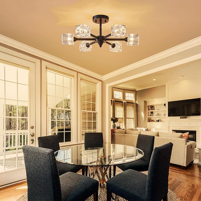 XINGQI Black Chandelier 6-Light 20" Semi Flush Mount Ceiling Light Fixture Modern Round Sputnik Chandelier for Bedroom Entryway Dining Room Living Room - Aura Lighting